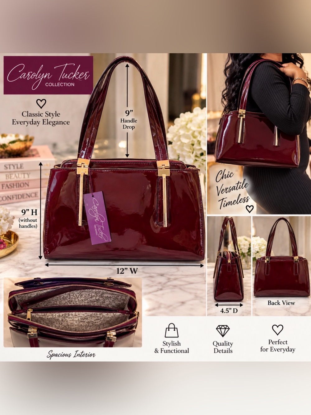 Carolyn Tucker - Burgundy Patent Tote Bag - Chic Everyday Handbag